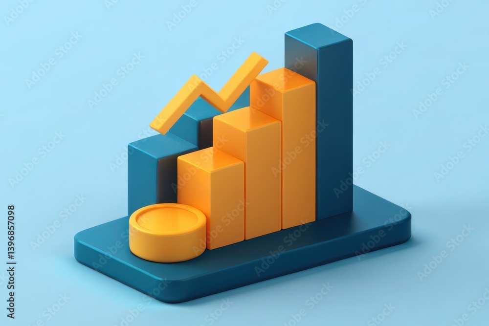 Poster a colorful 3d bar graph with an upward trend, visually representing data growth and financial statis