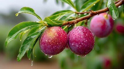 Two plums are hanging from a tree branch