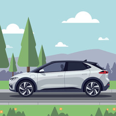 Naklejka premium Side view of a modern electric car driving along a scenic road with green trees, mountains, and a bright blue sky in flat vector art