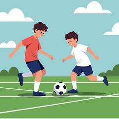 Fototapeta premium Two young boys playing soccer on a vibrant green field with bright clouds, in a flat vector illustration