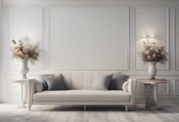 lamp livingroom flowers empty plaid interior sofa background 3d vase rendering white pillows wall living room plant floor light design space pillow nobody fabric neutral simple pink cosy couch home