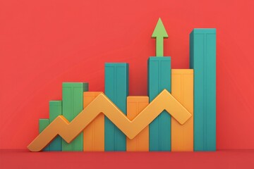A colorful 3D graph illustrating growth trends with varying bar heights against a red background.