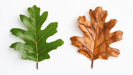 Fototapeta premium two opposites are a green young leaf and an old yellowed one on a white background