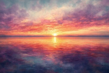 Fototapeta premium Serene sunset over calm water, vibrant colors paint the sky and reflect on the tranquil sea.