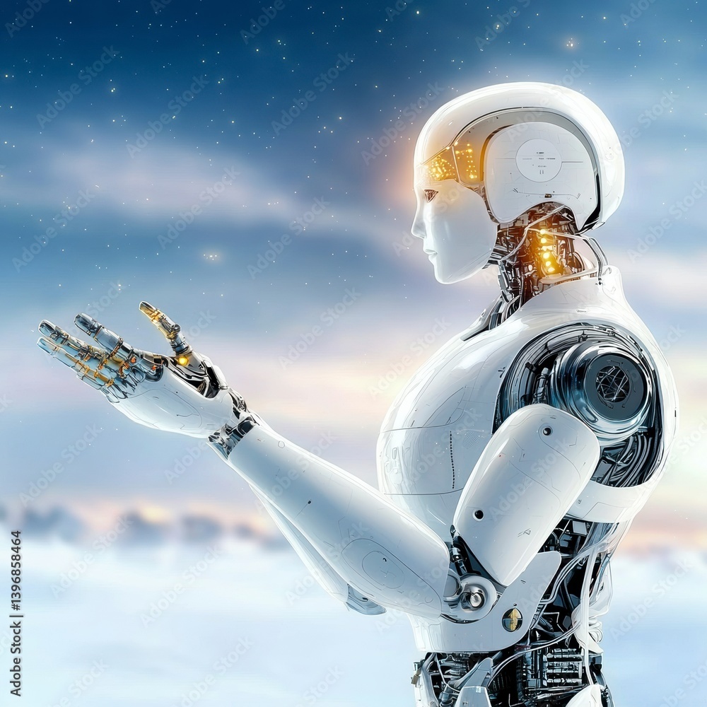 Poster exploring human-robot interaction futuristic cityscape digital art tech environment close-up view in