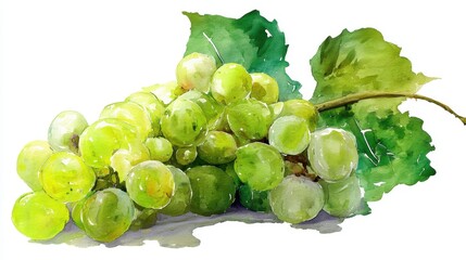 Watercolor of Shine muscat with leaves, painting, illustration drawing isolated,Hand drawn,Bright green muscat grapes on white background,copy space.