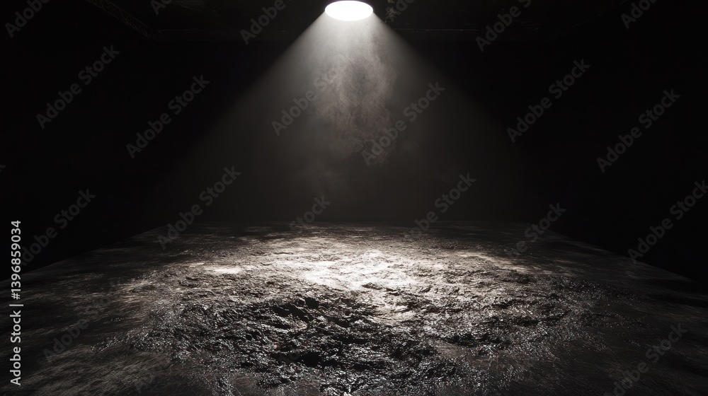 Poster spotlight illuminating a textured dark surface with smoke or dust particles.