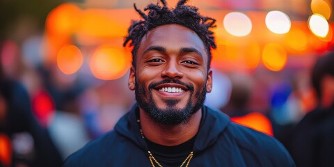 Fototapeta premium A man with dreadlocks is smiling and wearing a black hoodie