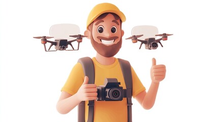 Happy drone photographer with camera and thumbs up.