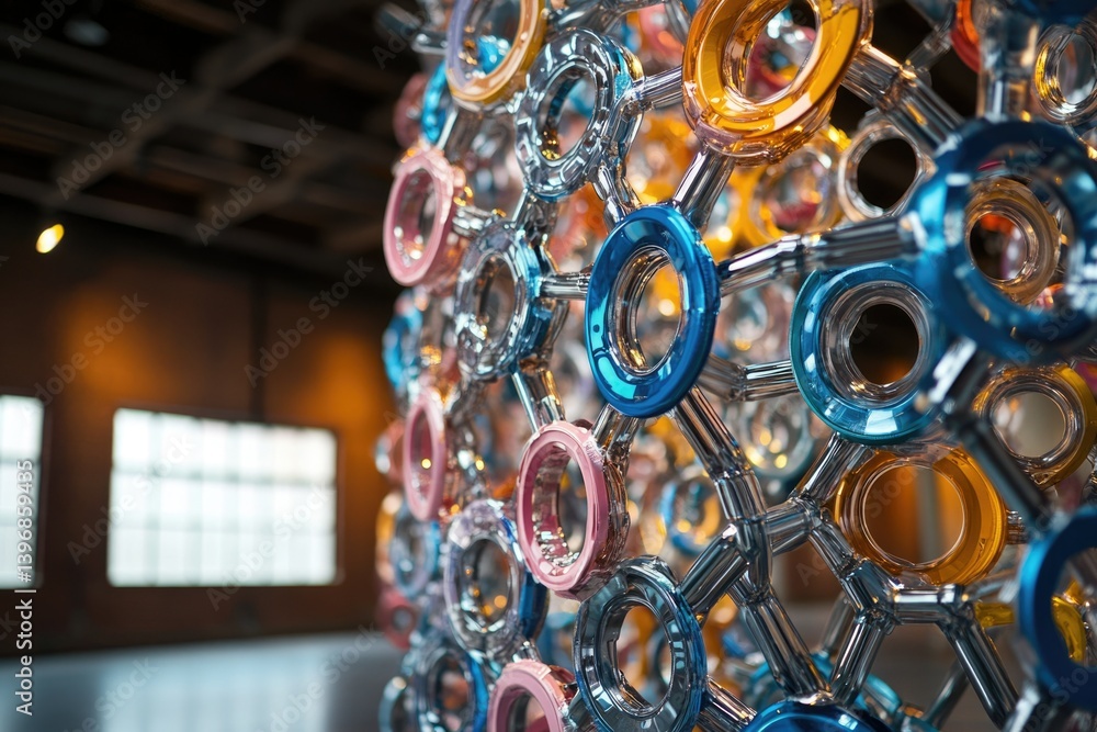 Aufkleber A 3D abstract artwork of interconnected colorful rings, creating a complex and visually stunning network.