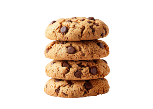 Stack of four chocolate chip cookies isolated on white background. Delicious homemade dessert.