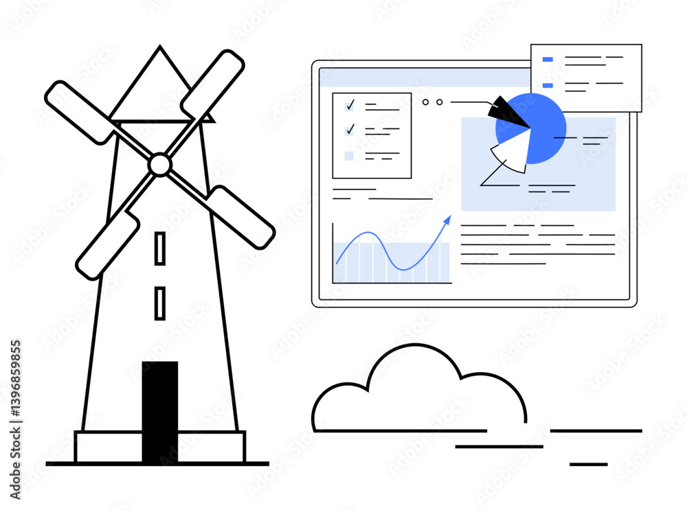 Aufkleber windmill beside analytics dashboard displaying charts, pie graphs, and reports. ideal for renewable 