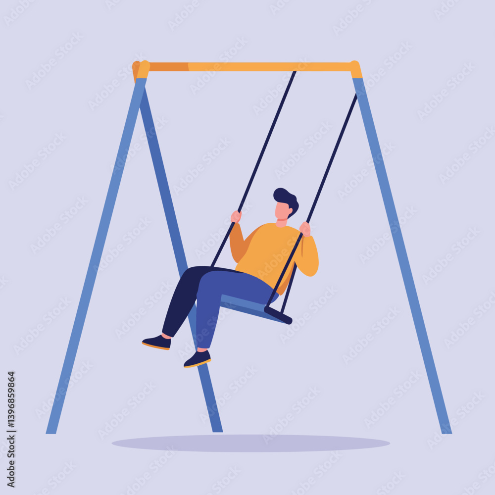 Poster a young man swinging joyfully on a playground swing in a minimal and colorful design style, showcasi