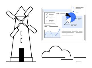 Windmill beside analytics dashboard displaying charts, pie graphs, and reports. Ideal for renewable energy, sustainability, data presentation, analytics, technology, environment simple landing page