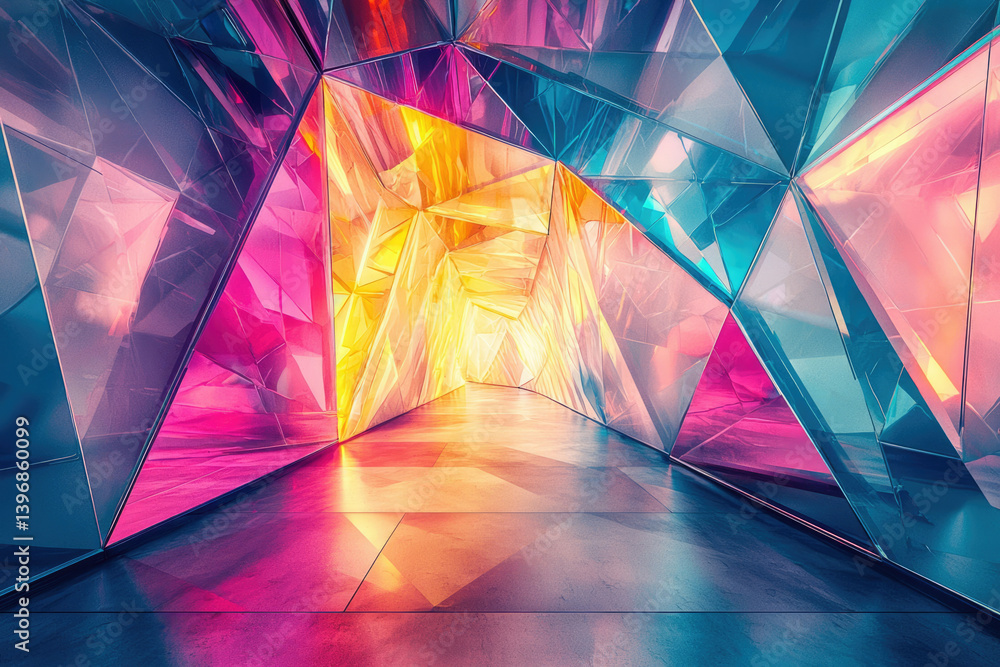Poster abstract geometric tunnel with vibrant hues, showcasing crystalline structures illuminated by a radi