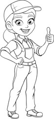 A woman female worker in overalls or dungarees and cap. Could be a plumber, gardener, decorator or possible electrician or mechanic cartoon mascot.