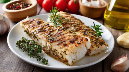A perfectly grilled cod fillet rests on the plate, its golden crust infused with herbs and spices, surrounded by fresh ingredients in a gourmet setting.

