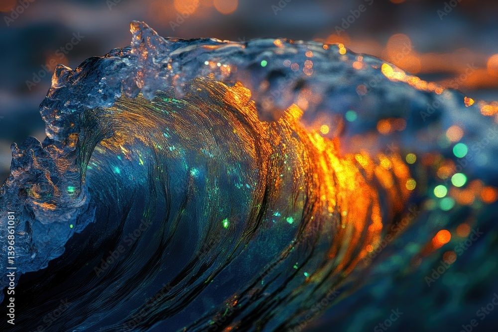 Poster a mesmerizing close-up of an ocean wave, shimmering with iridescent colors and bokeh lights at sunse