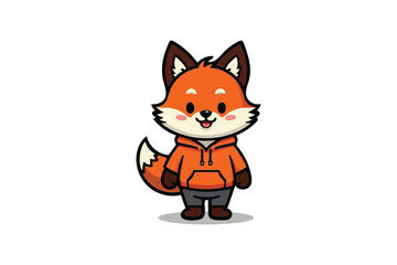 A Cheerful Cartoon Fox Character in a Hoodie, Standing with a Friendly Smile on a Pure White Stage.