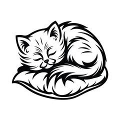 Minimalist Black And White Sleeping Cat Curled Up Logo Style, Elegant Contour Lines Art