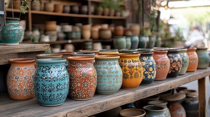 Fototapeta premium Colorful, handcrafted ceramic pots displayed on a rustic wooden shelf, diverse patterns and textures