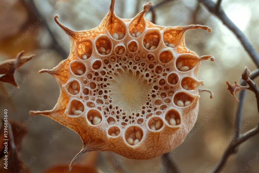 Poster Intricate dried seed pod with numerous tiny seeds nestled within its intricate, honeycomb-like structure.