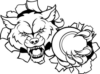 A wolf angry animal sports mascot holding a tennis ball