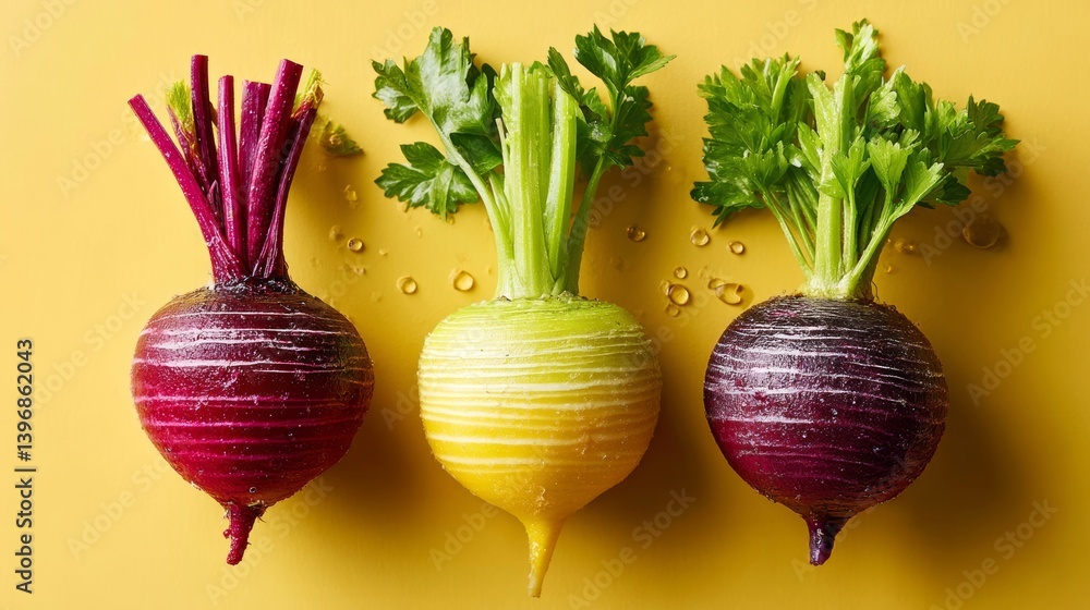 Poster three different colored beets are displayed on a yellow background
