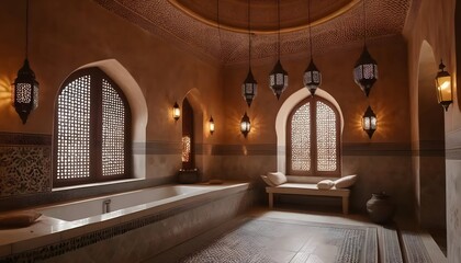 Moroccan Bathhouse: Arched Windows, Hanging Lanterns, and Mosaic Detail.