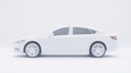 Fototapeta premium A sleek white sedan parked on a clean white surface, showcasing modern automotive design, side view with detailed wheels and windows, and minimalistic composition.