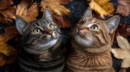 Two cats nestled among fall leaves, looking upward with curious, bright eyes