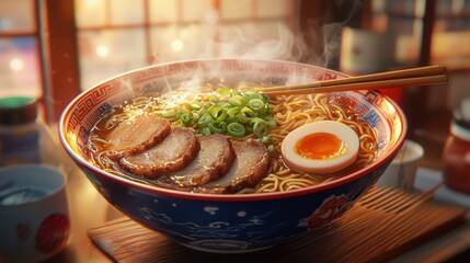 Delicious Japanese Ramen with Tender Pork and Creamy Egg in Bowl