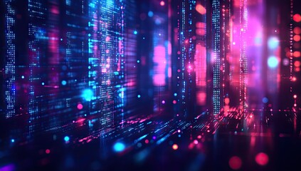 A vibrant digital cityscape of glowing code and data streams.
