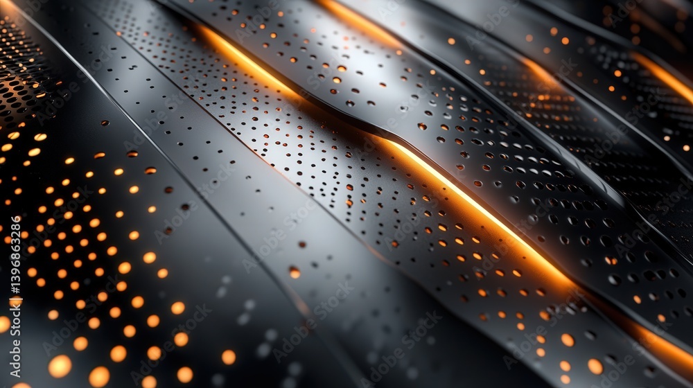 Poster metallic surface featuring futuristic patterns and glowing accents forms an abstract background with