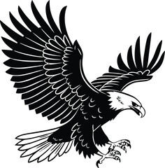 Obraz premium Vector Black Eagle Silhouette – Aggressive Bald Eagle with Spread Wings and Claws Extended for Tattoo, Logo, or Mascot Design