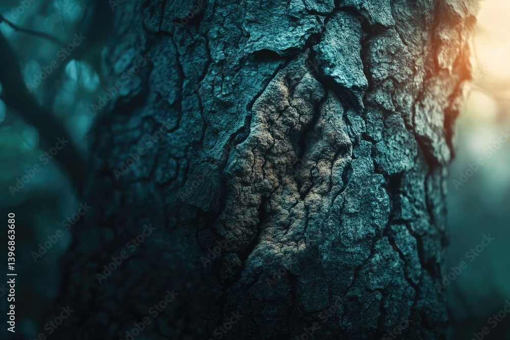 Poster close-up of deep teal tree bark texture, showing intricate cracks and crevices.