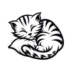 Cartoon striped cat curled up sleeping, black and white drawing, detailed lines, isolated