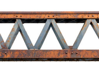 Rusty metal bridge construction detail isolated on white. Shows corrosion and triangular support structure.
