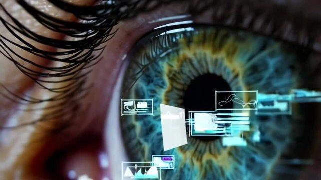 Futuristic eye technology display with dynamic digital interface in closeup sequence