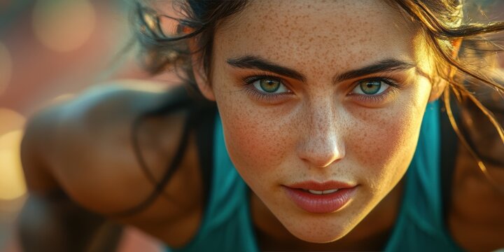 A woman with green eyes and a puffy face