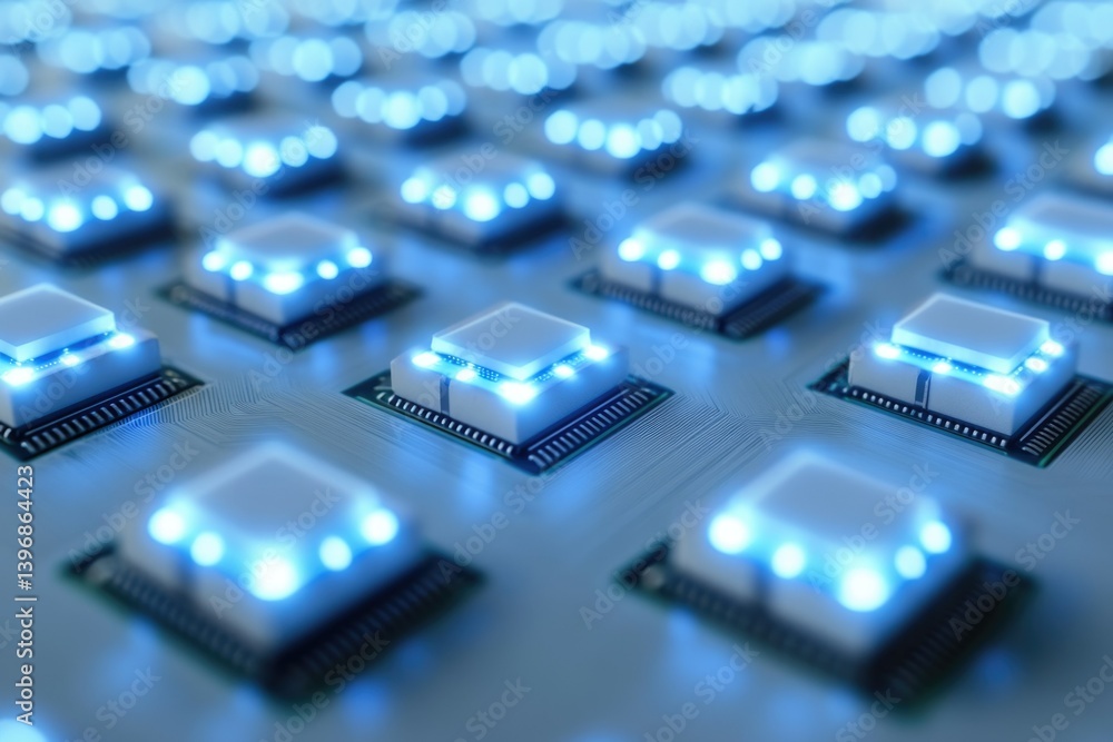 Poster Numerous illuminated microchips arranged on a circuit board, representing advanced technology and computing power.