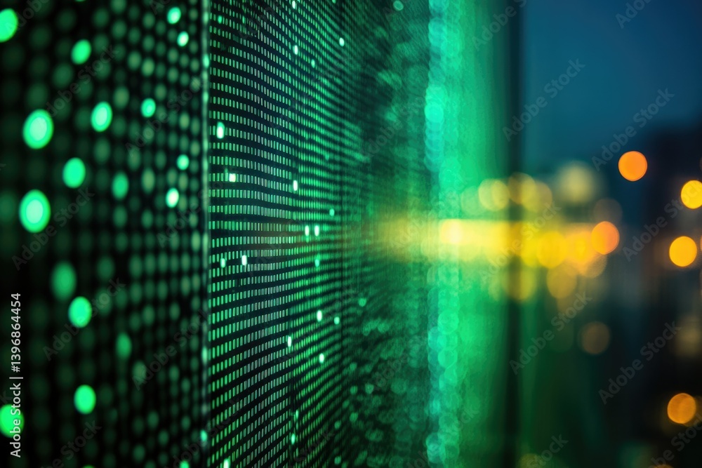 Aufkleber Abstract image of glowing green digital data streams against a blurred city night backdrop.