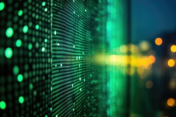 Abstract image of glowing green digital data streams against a blurred city night backdrop.