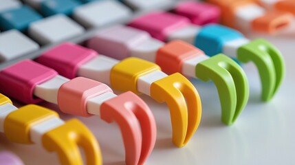 Colorful mini robotic claw grips in a row.