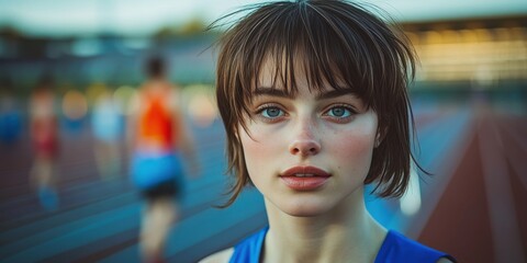 A woman with short brown hair and blue eyes is standing on a track
