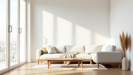 Spacious bright minimalist living room showcasing large floor-to-ceiling and a cozy white sofa creating a relaxing and inviting environment filled with natural light
