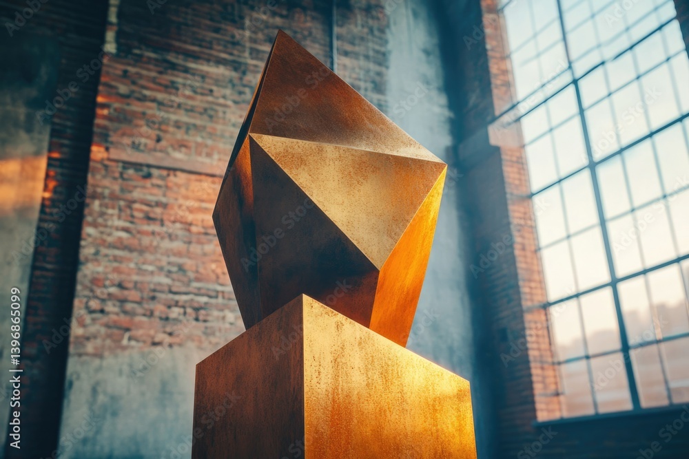 Aufkleber Geometric golden sculpture composed of sharp angular shapes, rests on a cube base in a rustic industrial setting.