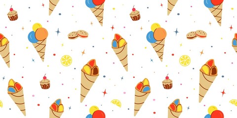Seamless ice cream pattern. Delicious street food, confectionery. Cone-shaped waffles with filling, ice cream balls in a cup, ice cream in a cone. Flat art cute cartoon background for print, banner
