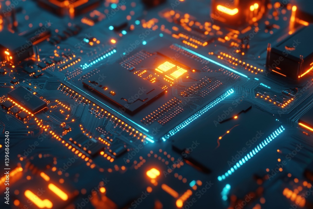 Poster Close-up of a circuit board with a central processor, glowing with orange and blue lights.