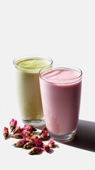 Matcha smoothie and sakura cherry blossom tree,spring season ,drink sweets for banners,Collection of matcha drinks with latte,menu popular japan,cards, flyers,wallpapers,copy space.